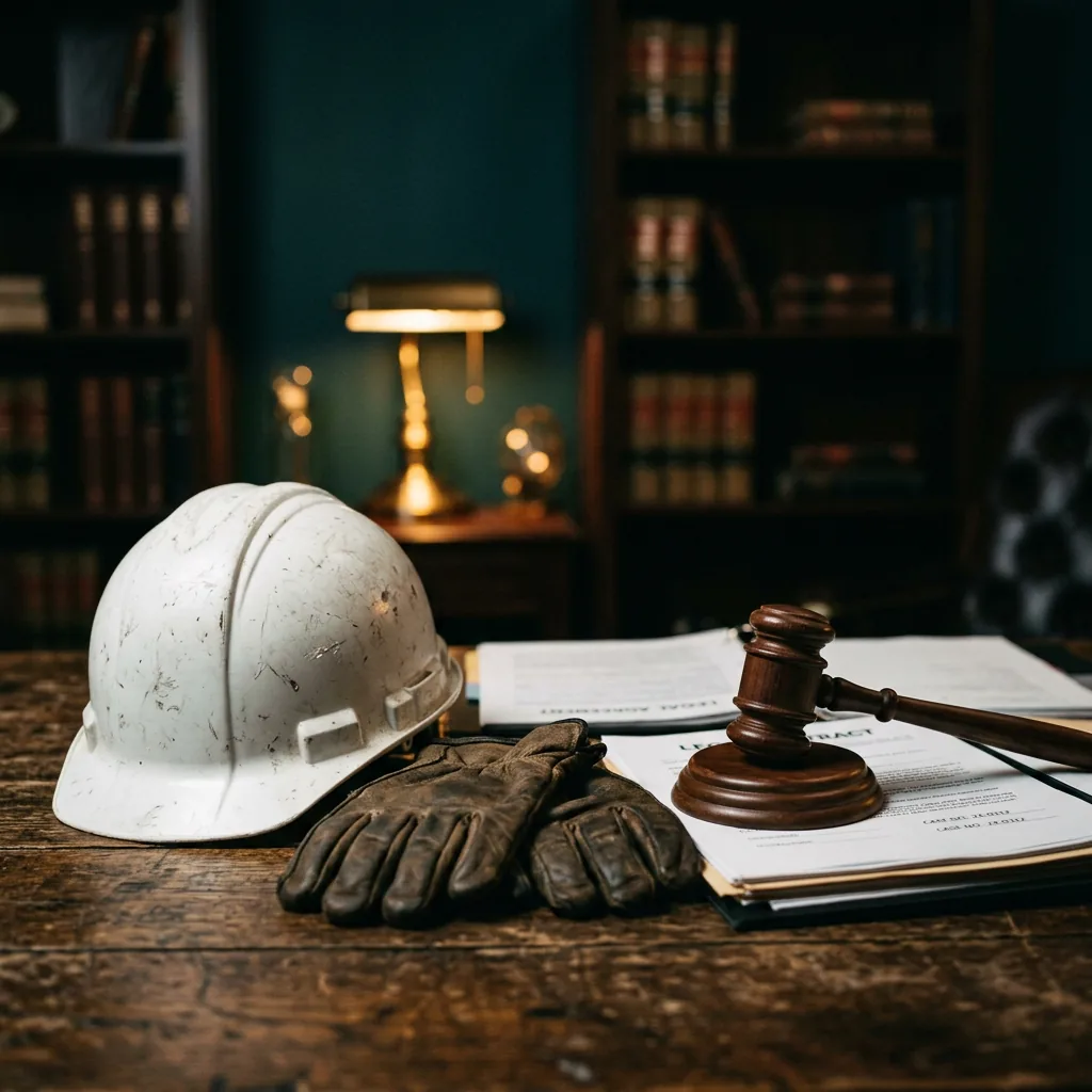 Capacete e luvas de trabalho ao lado de martelo da Justiça